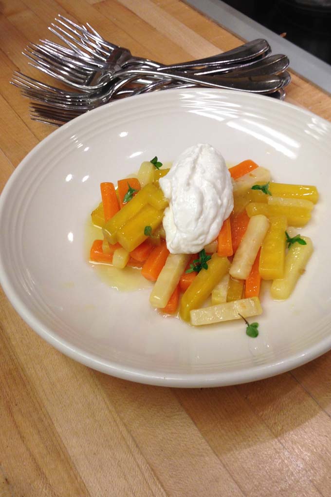 Olive Oil Poached Vegetables with Horseradish Creme Fresh