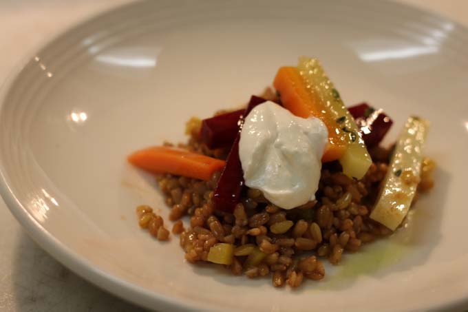 Farro Salad with olive oil pouched vegetables and horseradish creme