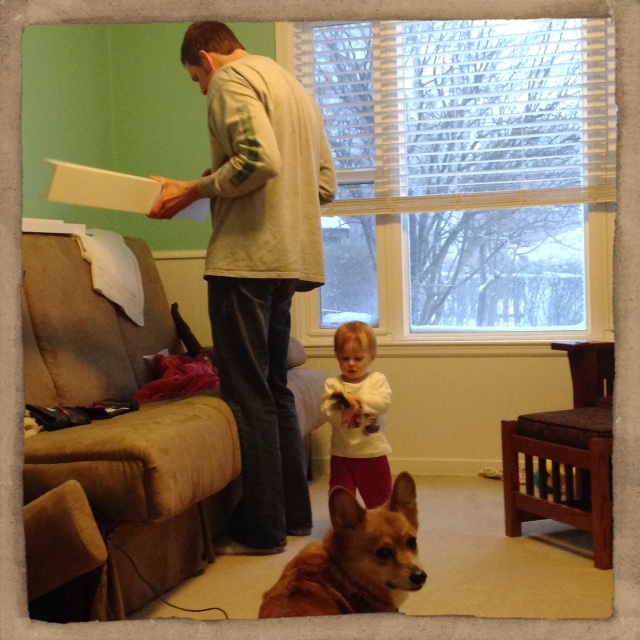 Daddy's Little Helpers help hang shelves