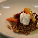 Farro Salad with olive oil pouched vegetables and horseradish creme